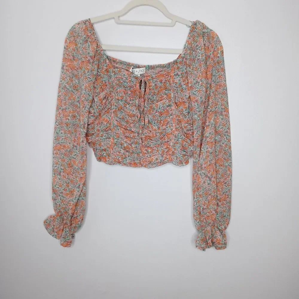 She + Sky smocked cropped top peasant top